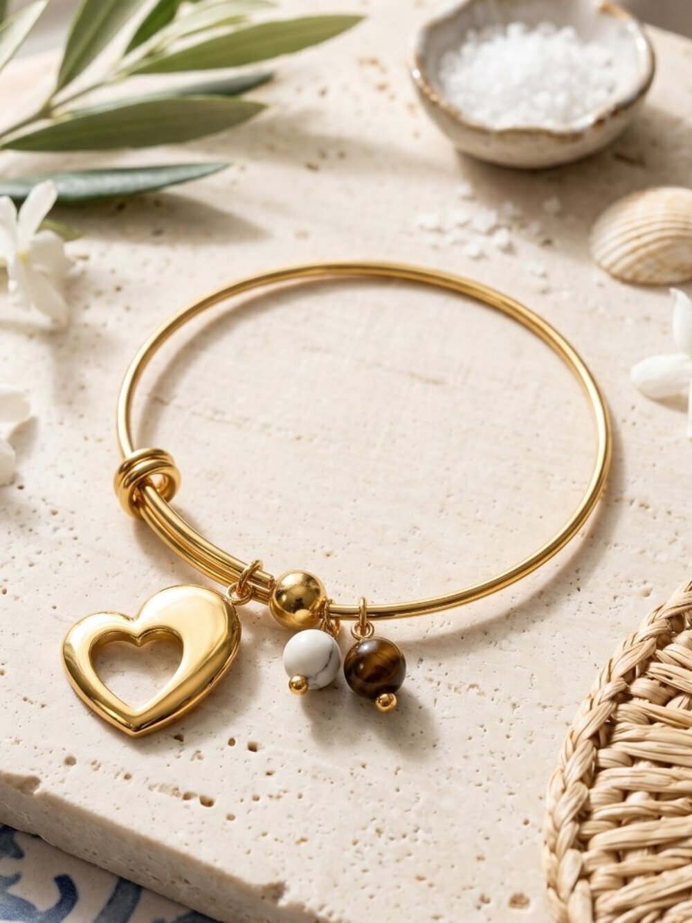 18K Gold Plated Bangle Heart Charm Boho Coquette Tiger Eye Plus Size 2.75"